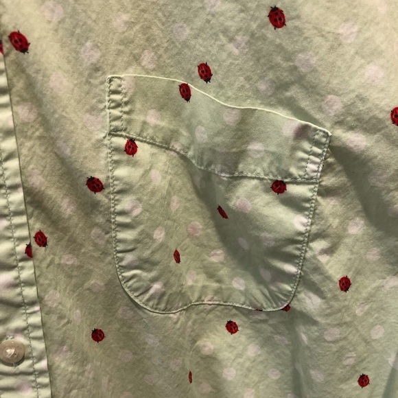 Lands End Men's XL Green and Red Polka Dot Shirt Lady Bug Print Button Down S/S - Picture 3 of 6